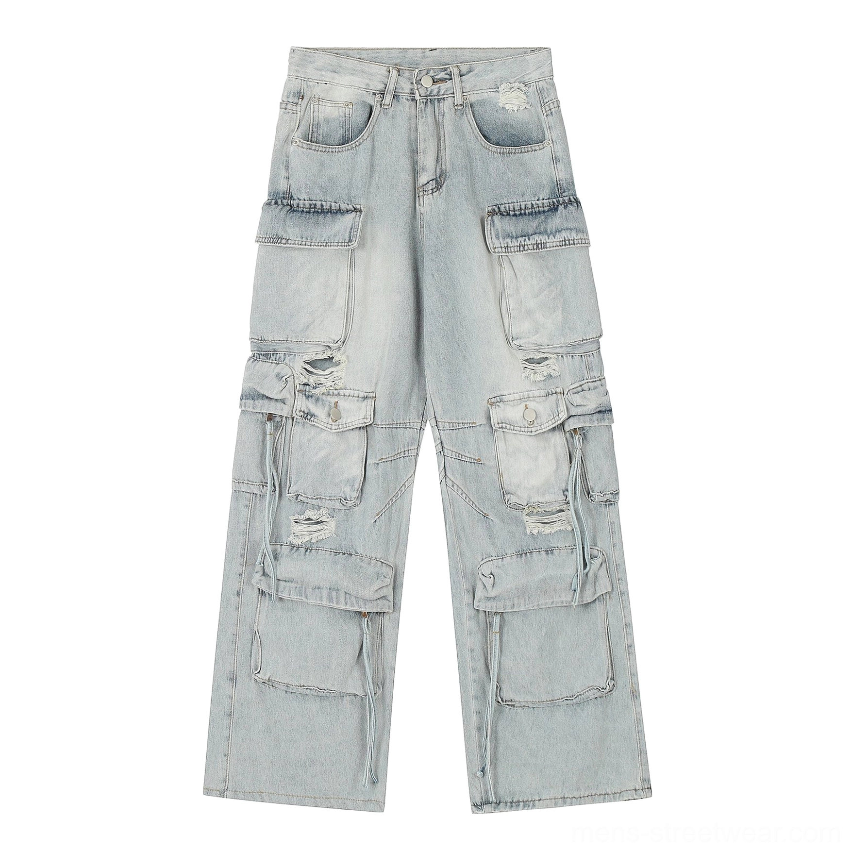 Light blue distressed multi-pocket wide-leg cargo jeans with oversized utility pockets and stacked drawstring hems