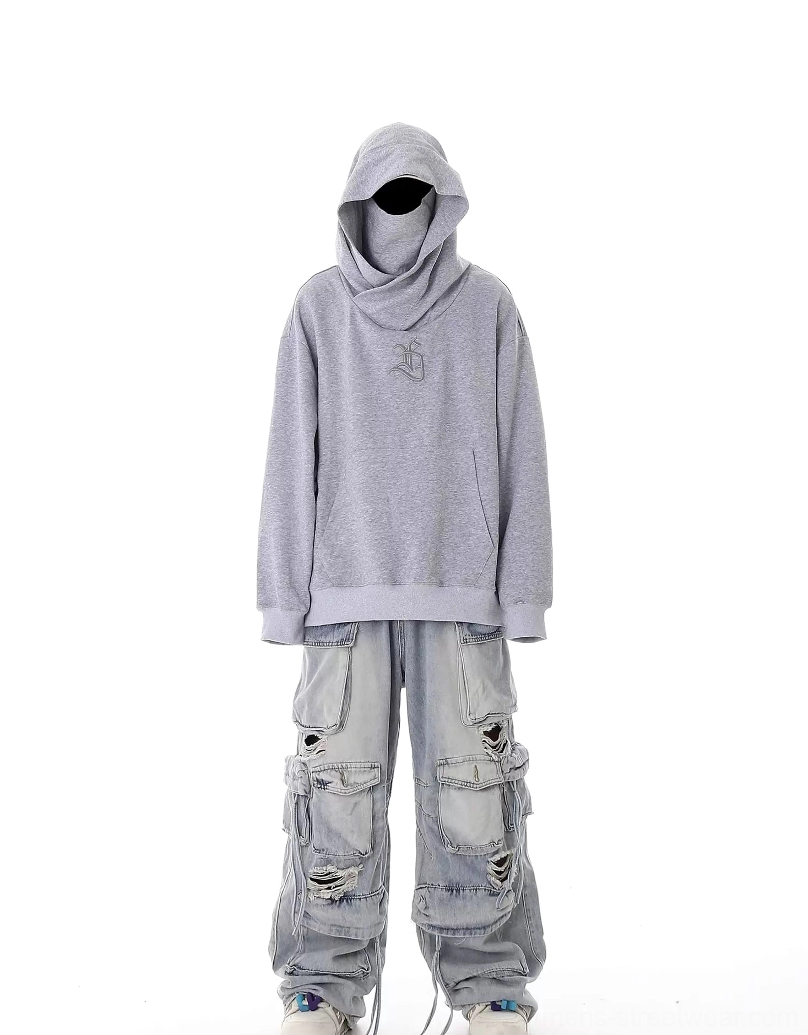 Distressed multi-pocket wide-leg cargo jeans with washed denim finish ripped details and drawstring hem styling