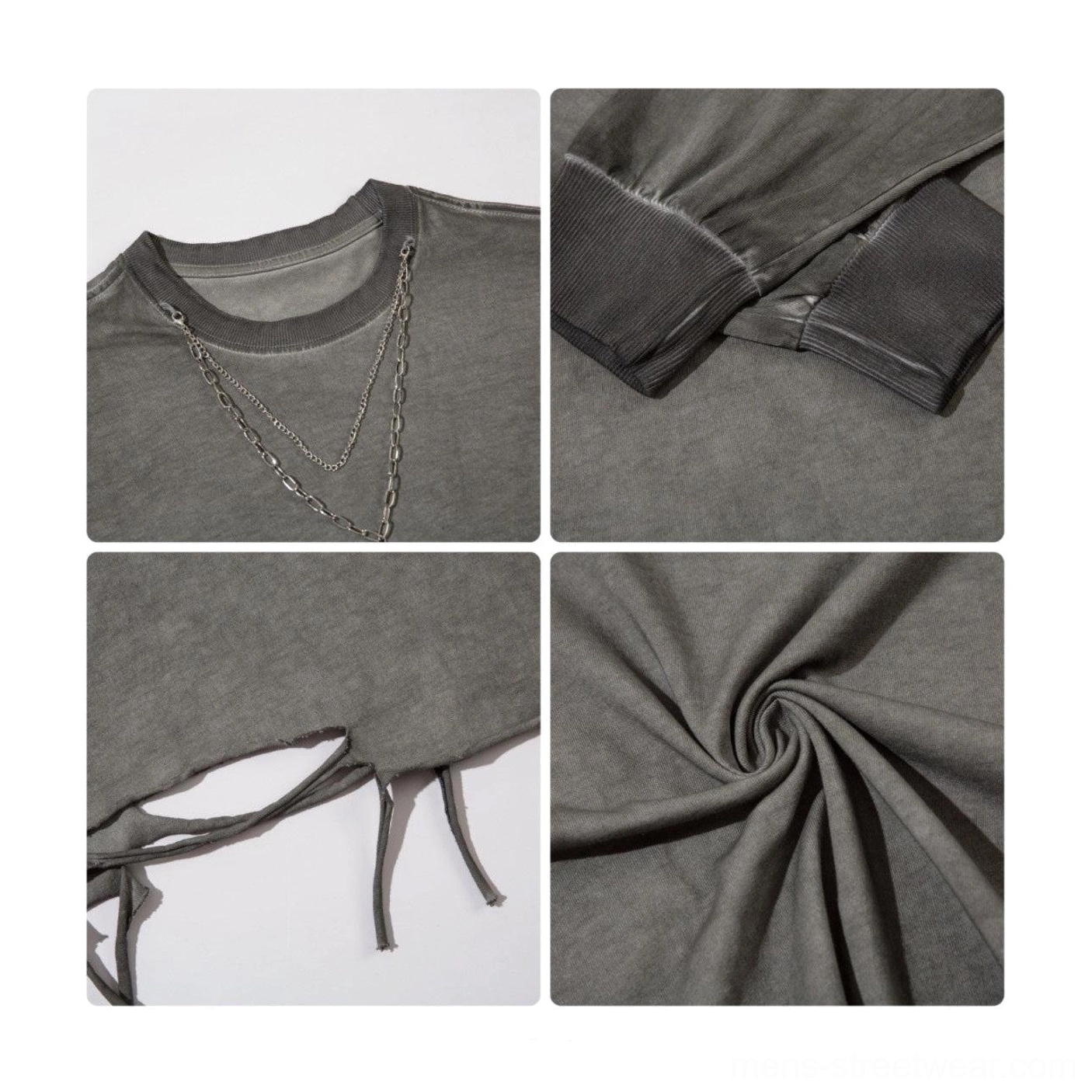 Distressed oversized long-sleeve streetwear tee with dark cross necklace and relaxed Korean fashion silhouette