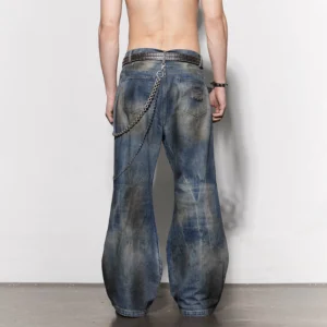Rear view of wide leg distressed flare jeans showing faded vintage denim wash, back details, and attached metal jeans chain