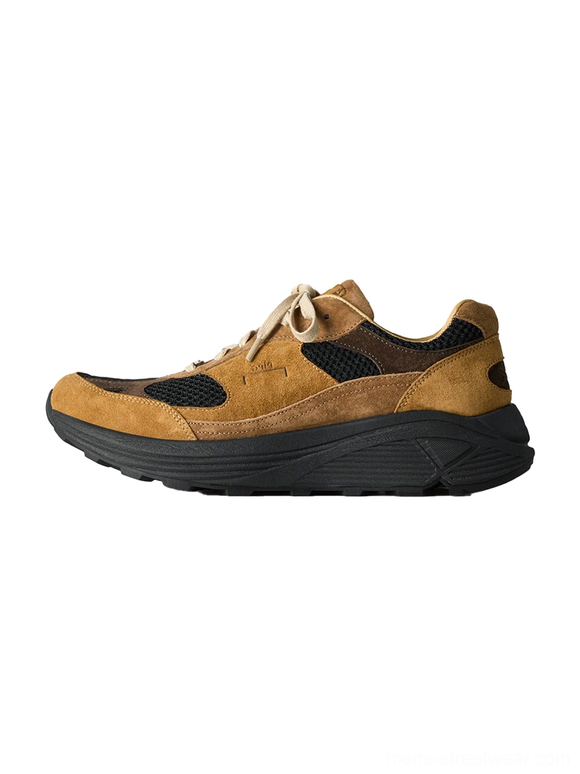 Brown distressed suede trail runner sneakers with black mesh panels and rugged black rubber outsole in side profile