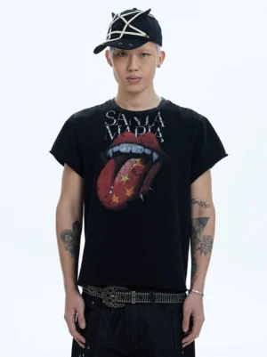Male streetwear model wearing a black distressed vampire tongue graphic tee with rock lips print and star details