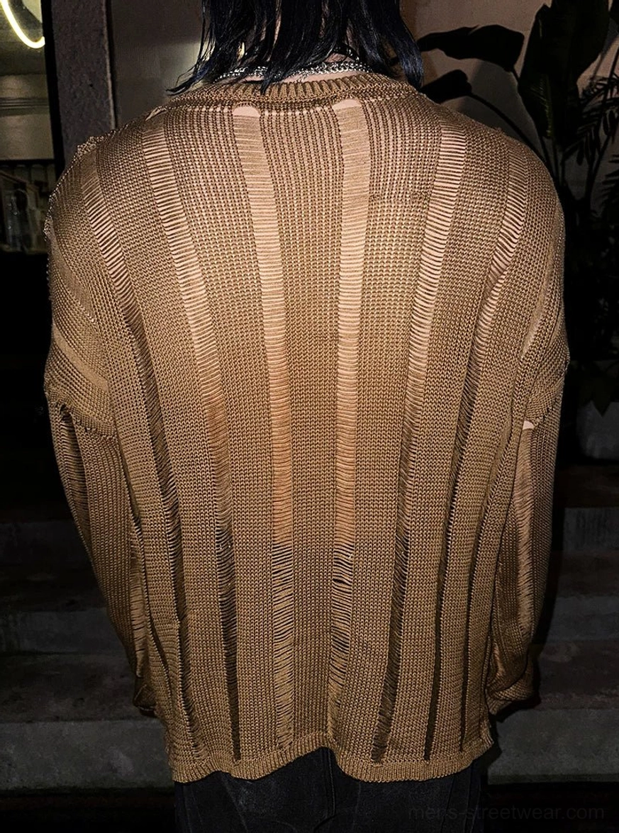 Standalone full back display of an oversized distressed vertical stripe sheer knit sweater with ribbed hem and classic crew neckline