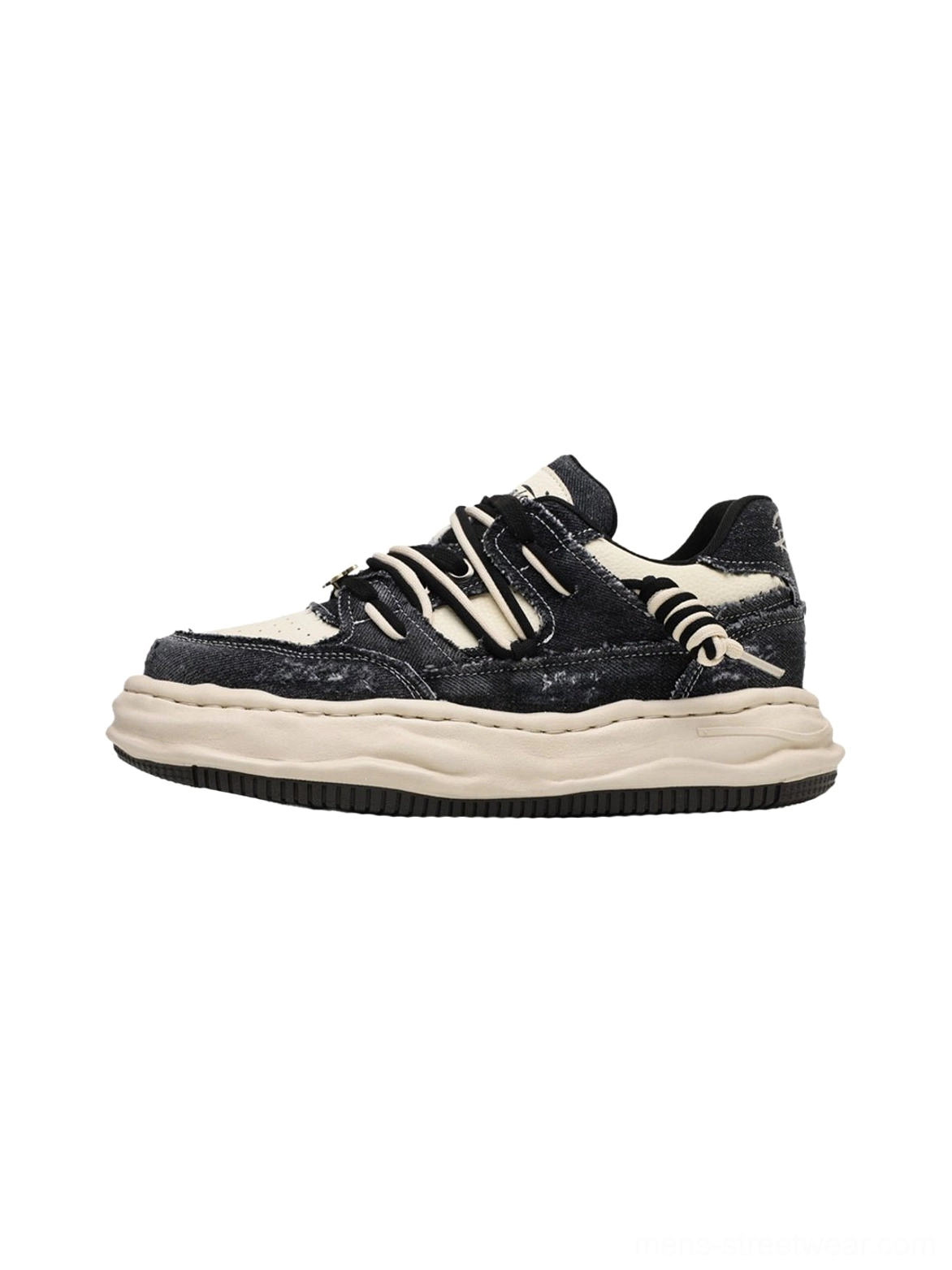 Distressed vintage denim-effect sneakers with bold platform sole and retro lace-up details for casual street styling
