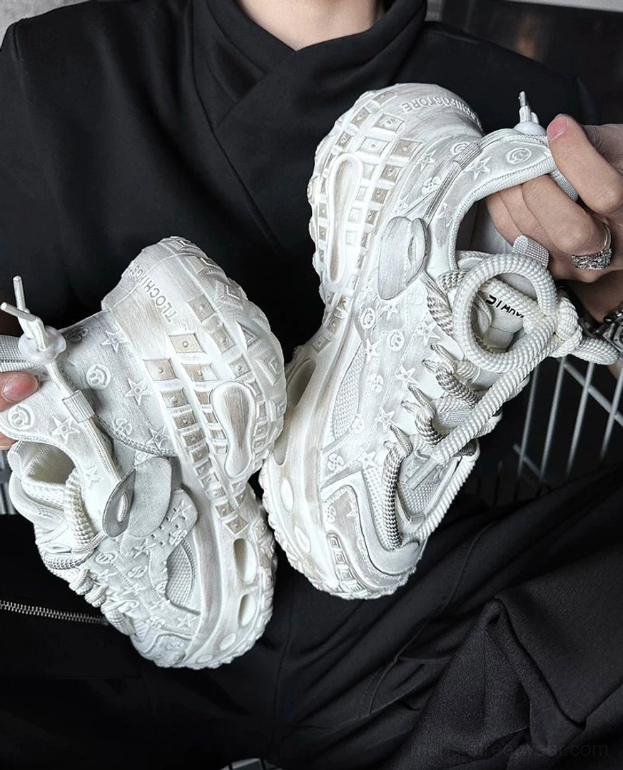 Distressed Void Circuit chunky sneakers product image highlighting the textured leather upper, oversized laces, and futuristic platform outsole