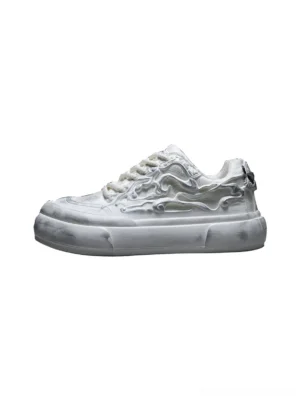 Left side profile of distressed white Tai Chi panda platform sneakers with gray weathered texture, raised 3D artwork, and oversized translucent soles