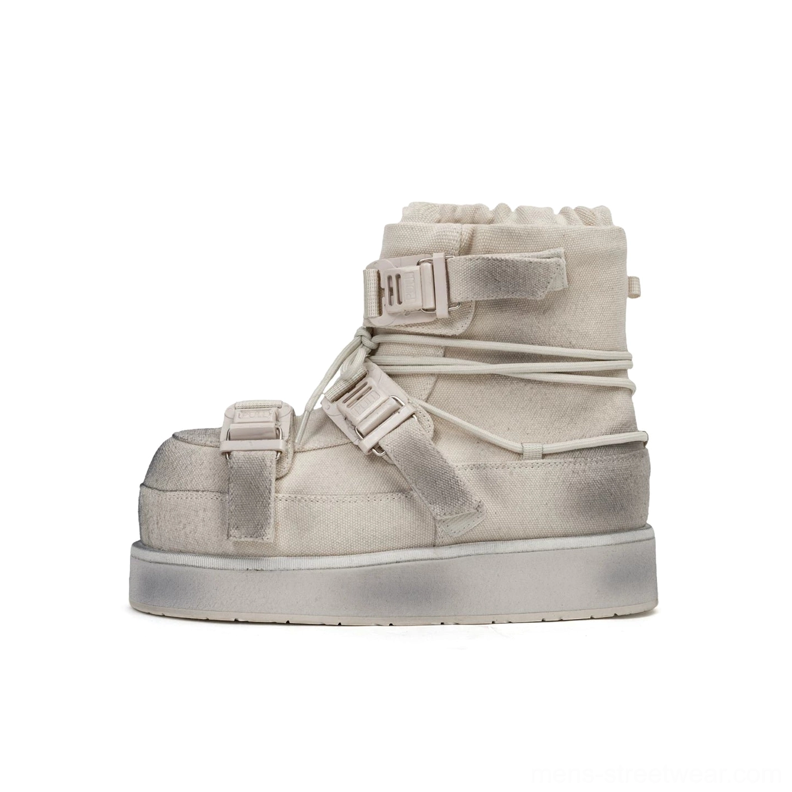 Single distressed white triple-buckle platform winter boot side view with washed padded upper, lace-up front and chunky sole