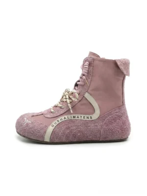 Dusty pink high-top suede racing training boots with mixed suede and textile panels, contrast side stripe, and embroidered toe detail on a white background
