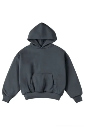 Dark gray double-layer oversized unisex hoodie with dropped shoulders, ribbed trims, and front kangaroo pocket shown in a flat lay