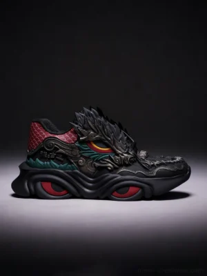 Black dragon crest chunky runner sneakers rear three quarter view with metallic dragon ornament teal accents and thick sculpted outsole