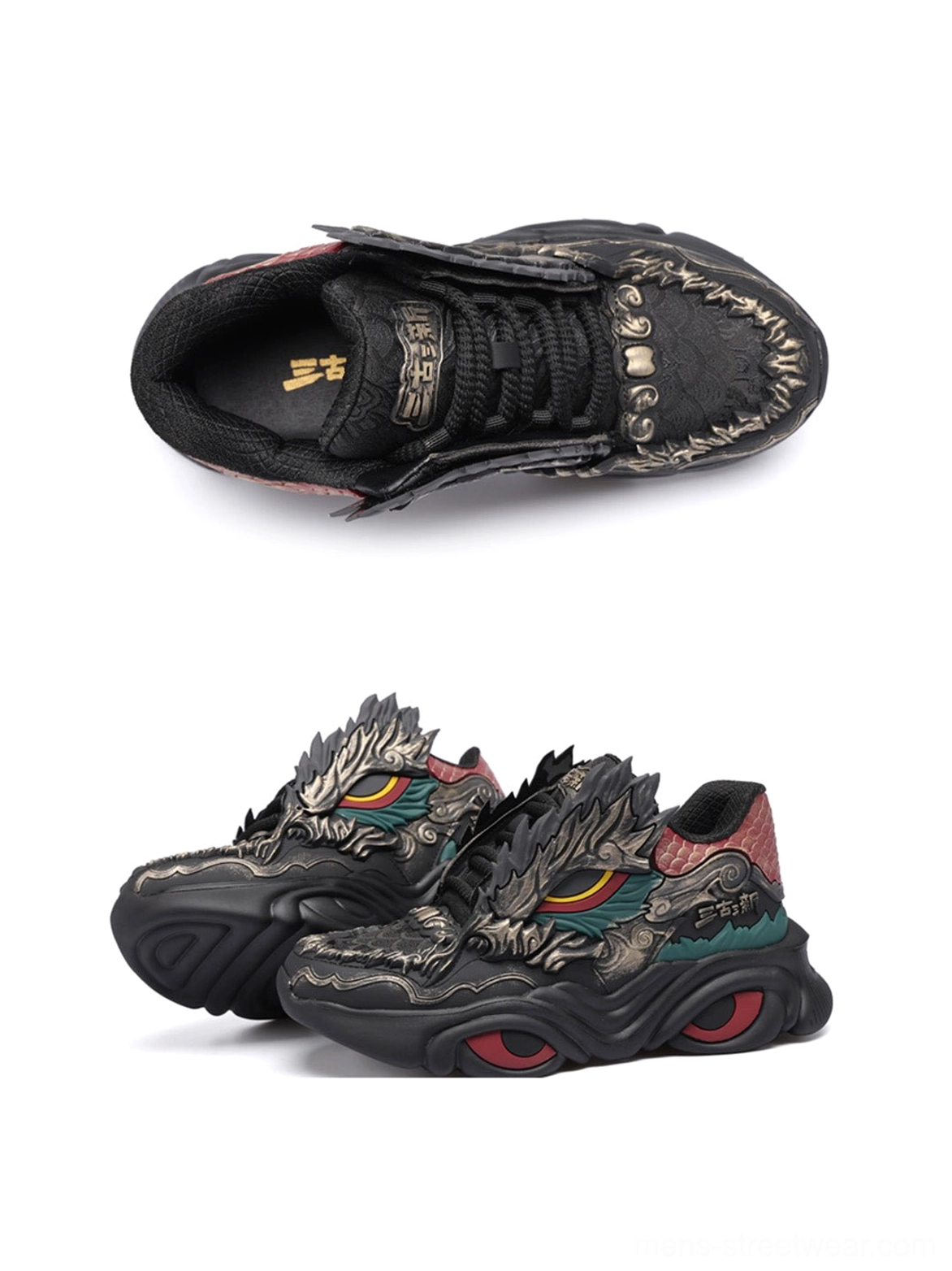 Black dragon crest chunky runner sneakers with red teal and bronze accents for Korean techwear streetwear outfits