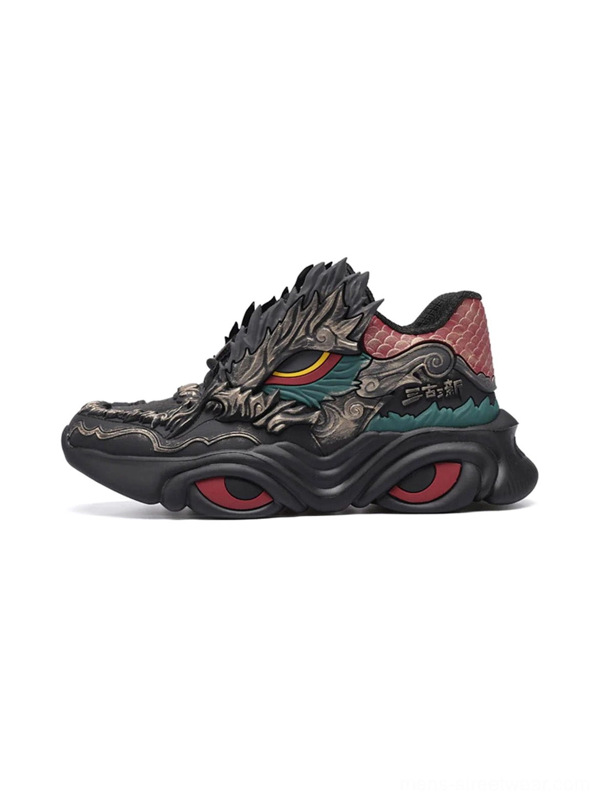 Black dragon crest chunky runner sneakers side view with bronze dragon carving teal panels red heel accent and sculpted wave sole