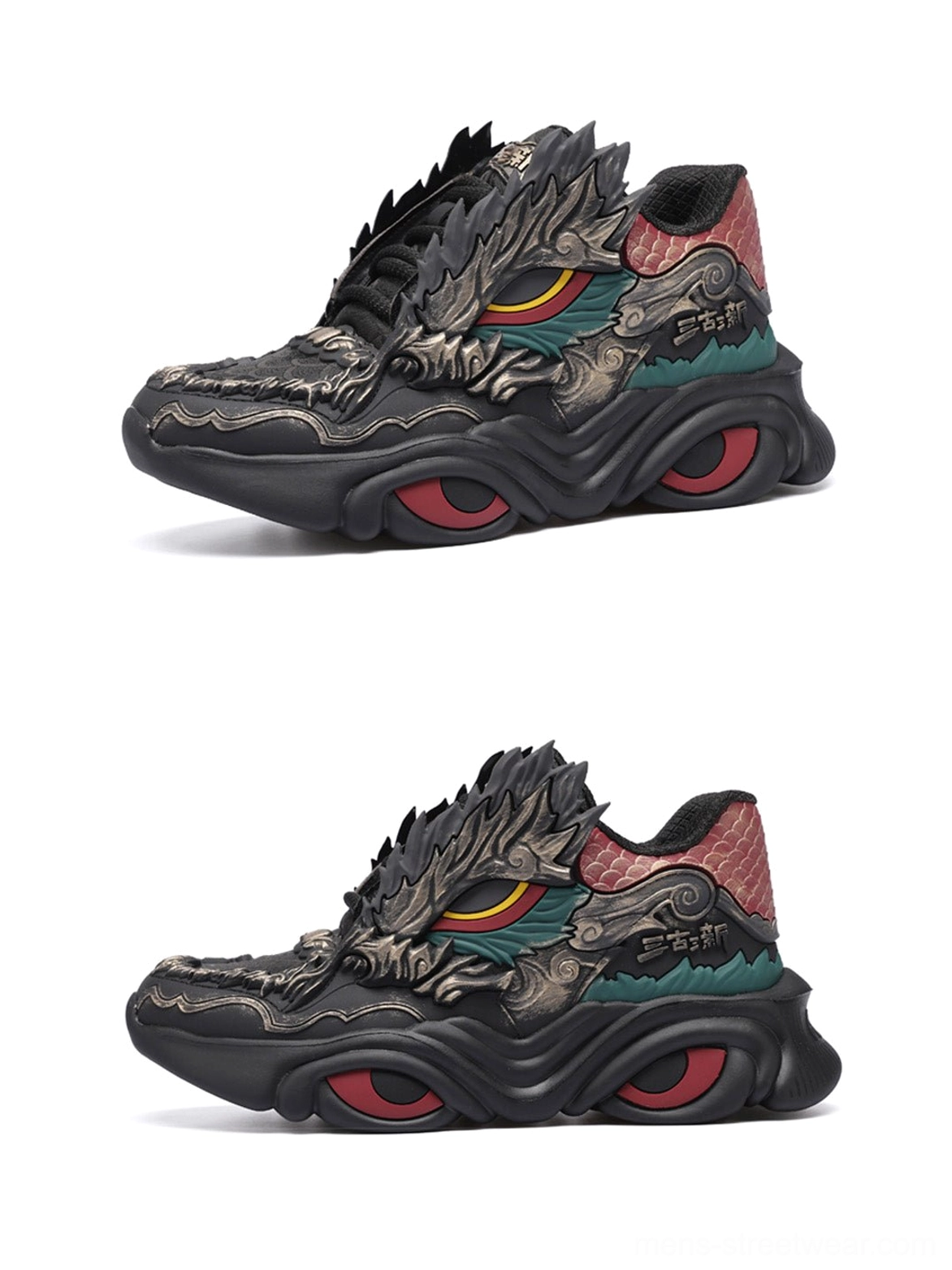 Dragon crest chunky runner sneakers in black with layered technical panels and sculpted streetwear sole detail