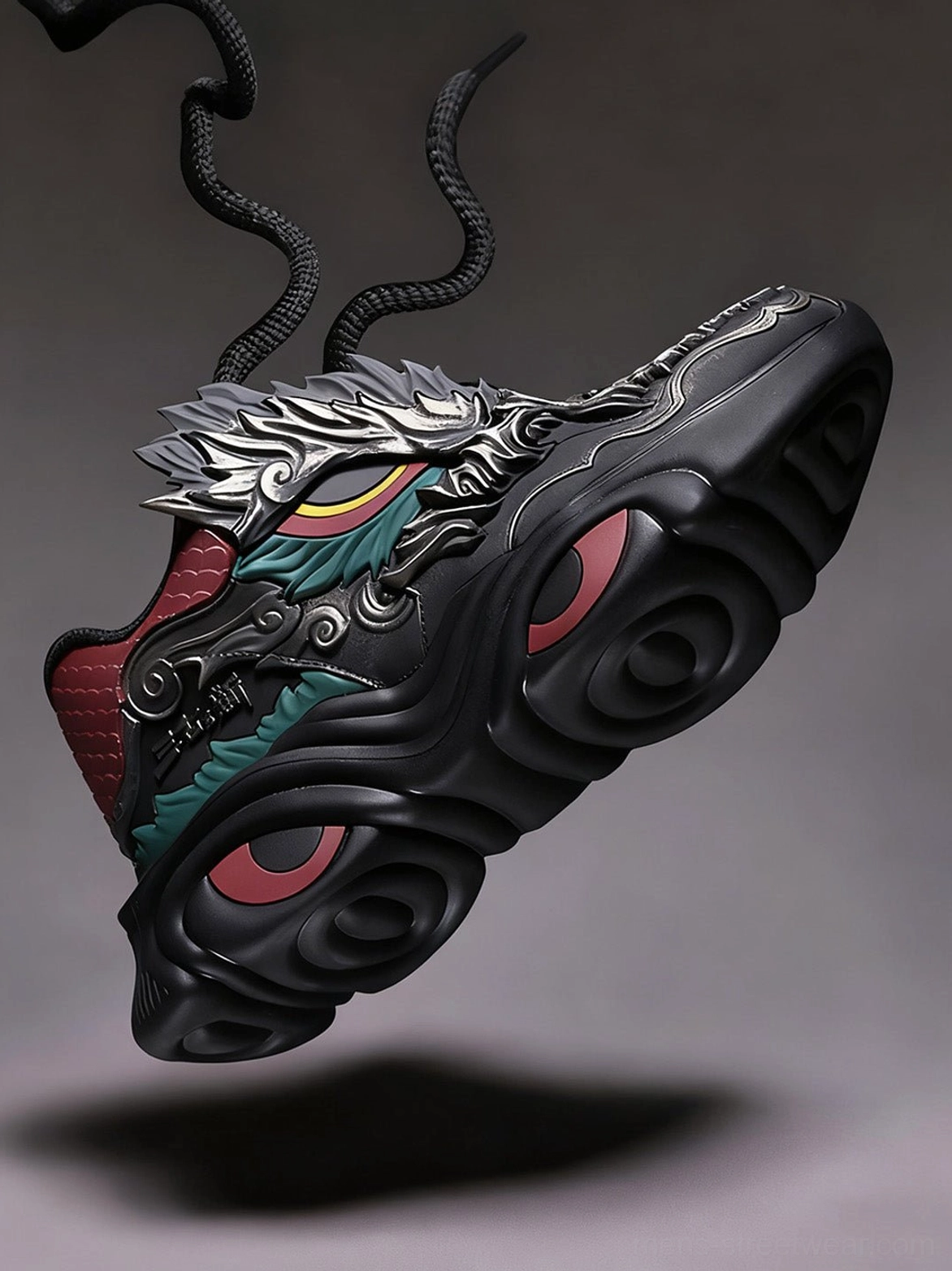 Black dragon themed chunky runner sneaker rear lateral view showing teal side stripe dragon carving and wavy thick sole
