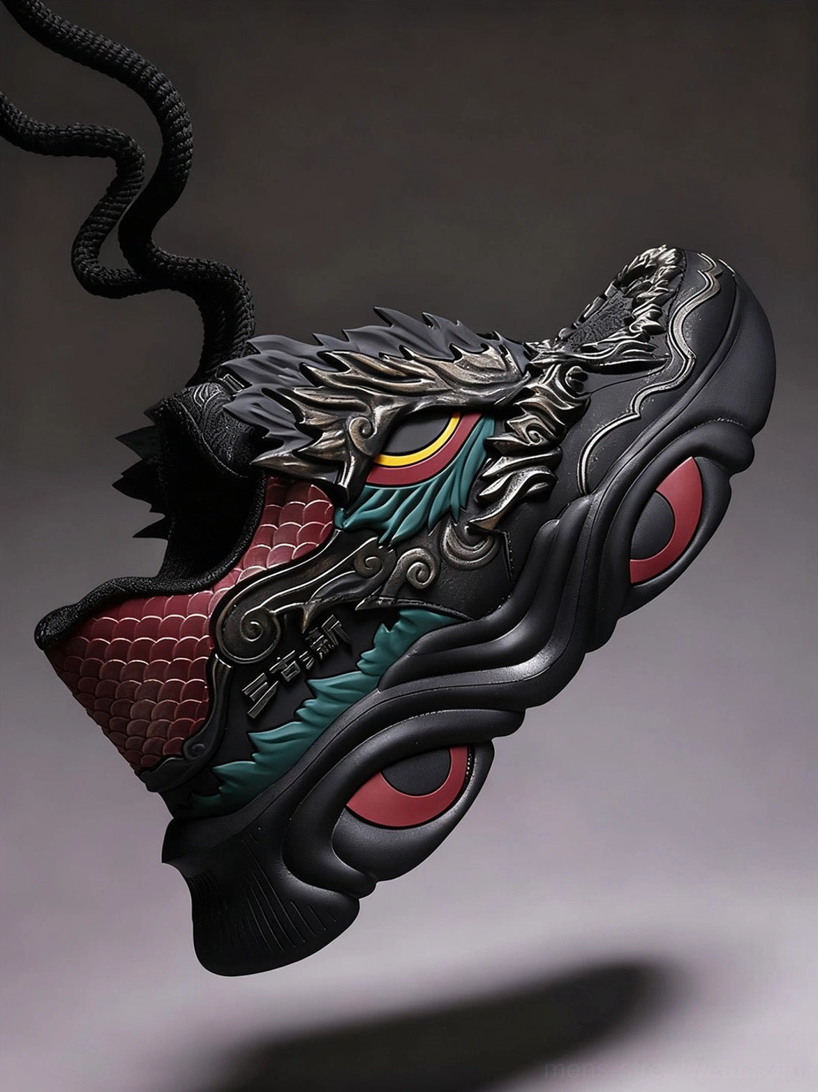 Top angled view of black dragon crest chunky runner sneakers with loose laces dragon face vamp and red outsole details