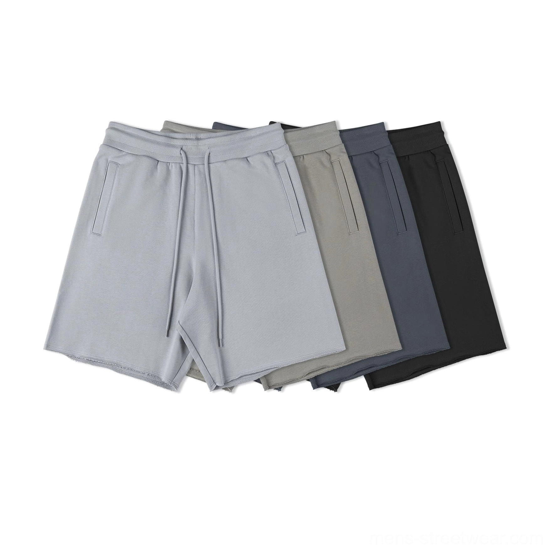 Multi-color drawstring sweat shorts collection flat lay comparison light grey taupe grey jet black color options same unisex fit