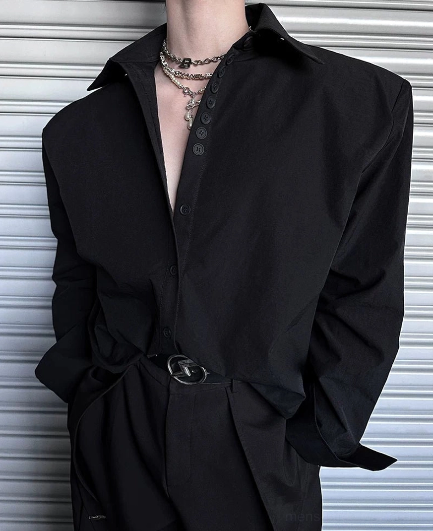 Black relaxed oversized cuff shirt with front buttons, open collar, layered necklaces, and Korean streetwear styling