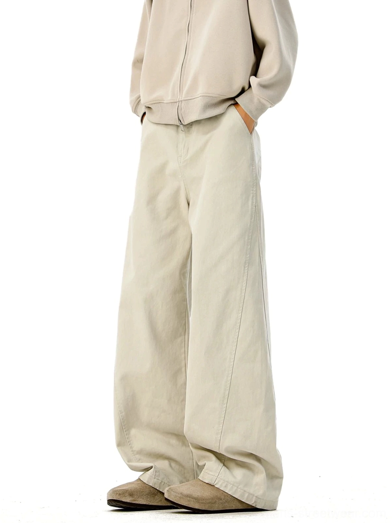 Cream beige wide-leg denim trousers front full-length view, neutral streetwear casual style