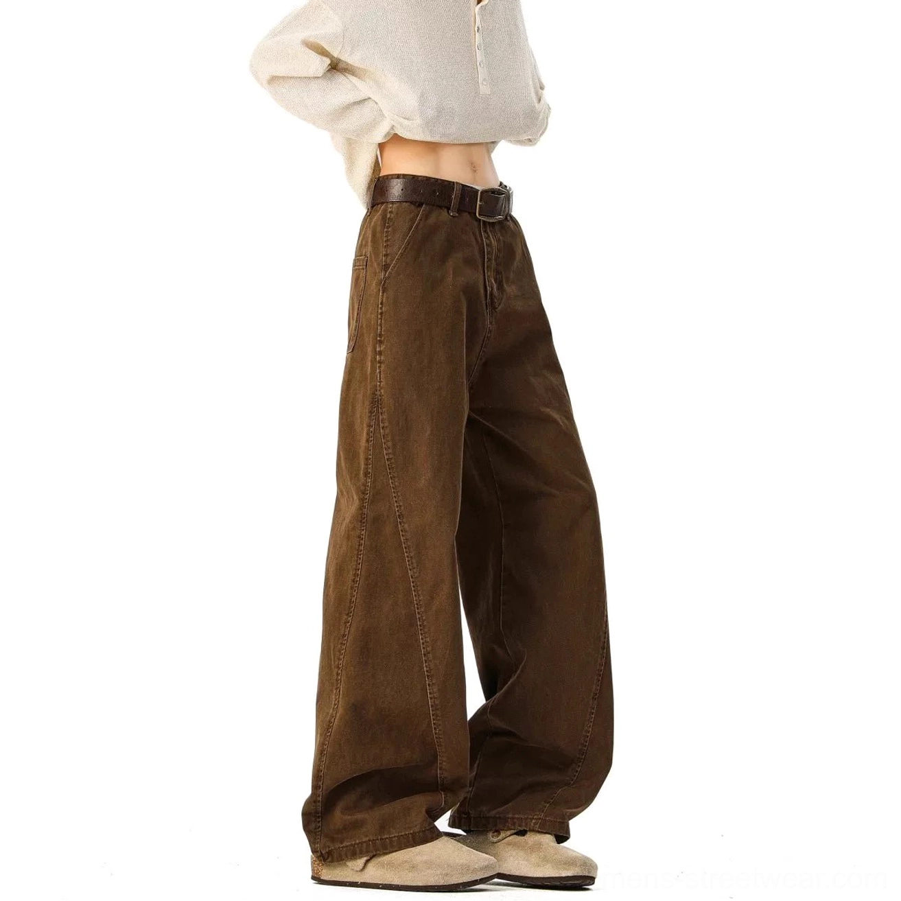 Khaki wide-leg denim full-length standing view casual relaxed fit