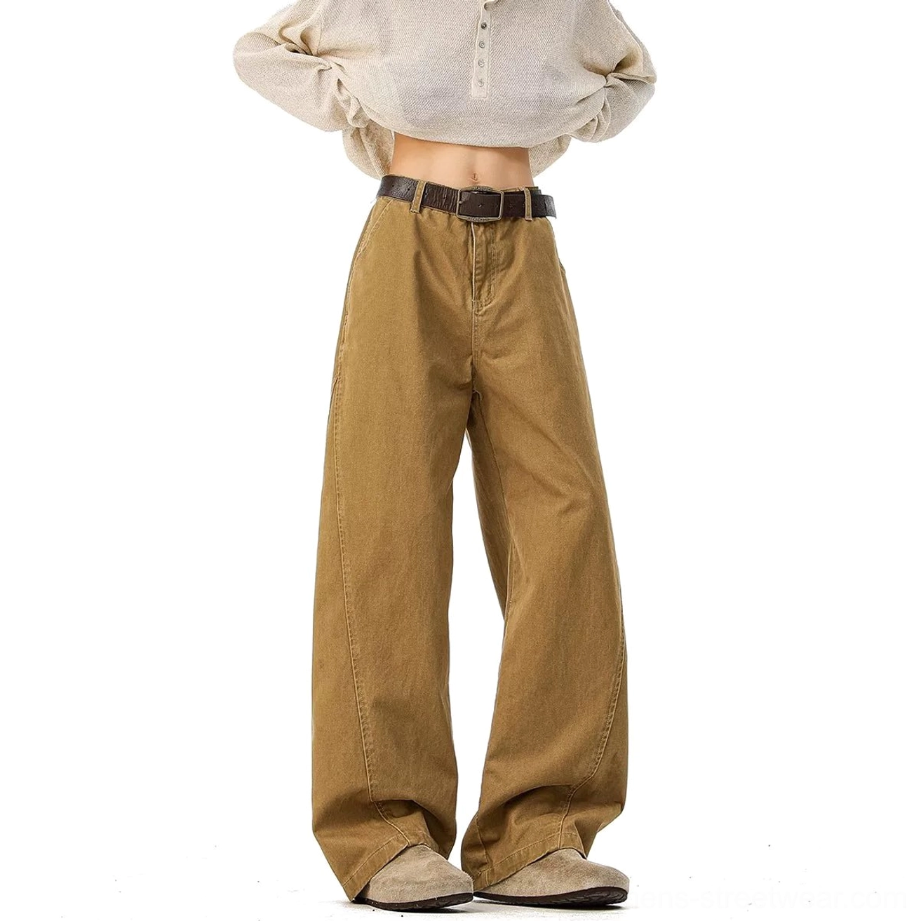 Khaki ultra-wide denim trousers styling versatile neutral seasonal street fashion