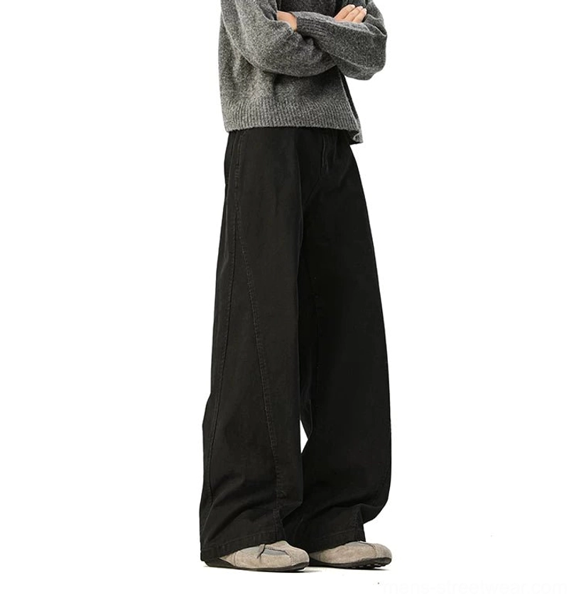 Wide-leg denim waistband detail five-pocket classic design belt-loop construction