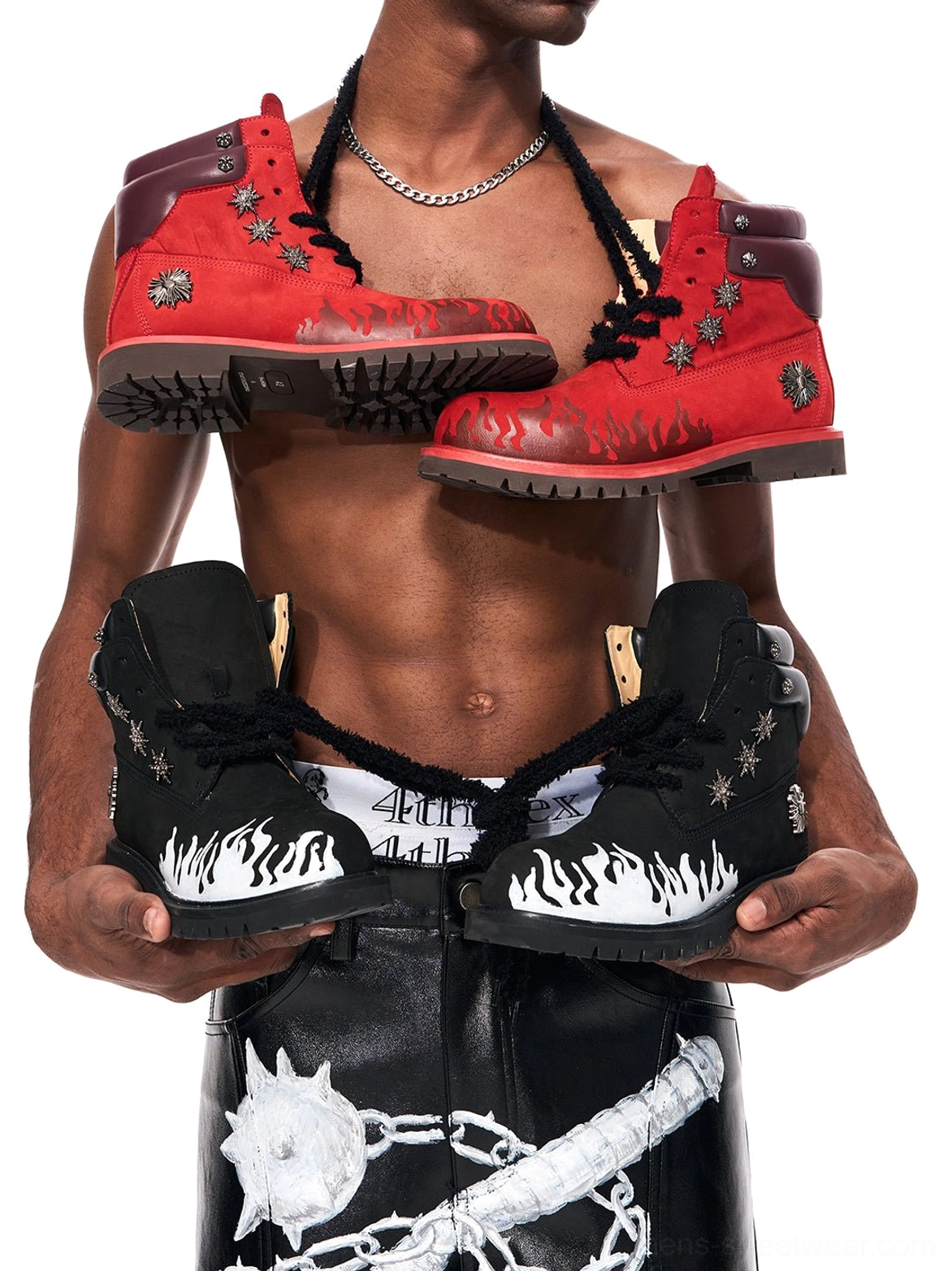 Dual color black and red flame appliqué genuine leather combat boots with chunky rubber lug soles