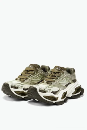 Olive green and off-white dual-eye chunky platform sneakers shown from above with layered mesh upper and thick streetwear outsole