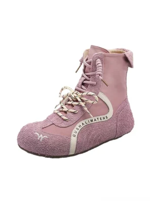 Dusty pink high-top suede racing boots with fuzzy toe and heel panels, smooth side sections, and double lace streetwear construction