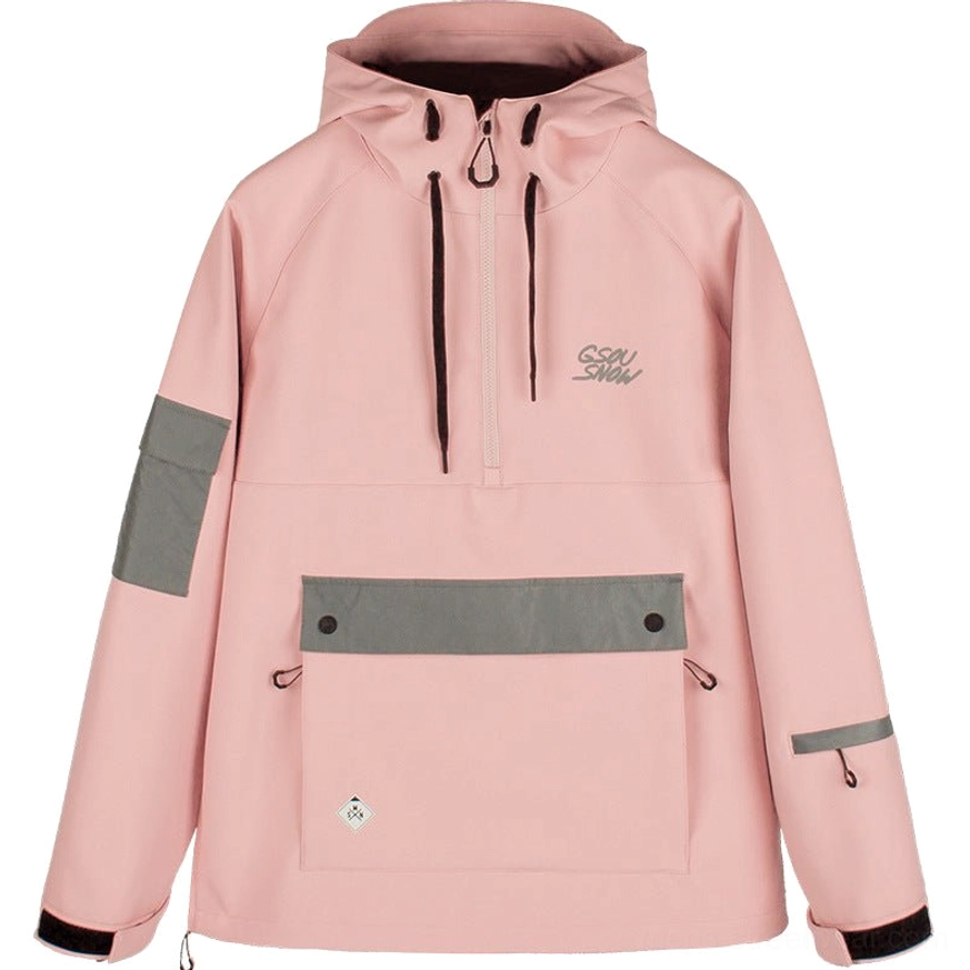 Dusty pink unisex snow anorak jacket with reflective accents gray sleeve panels and front cargo pocket