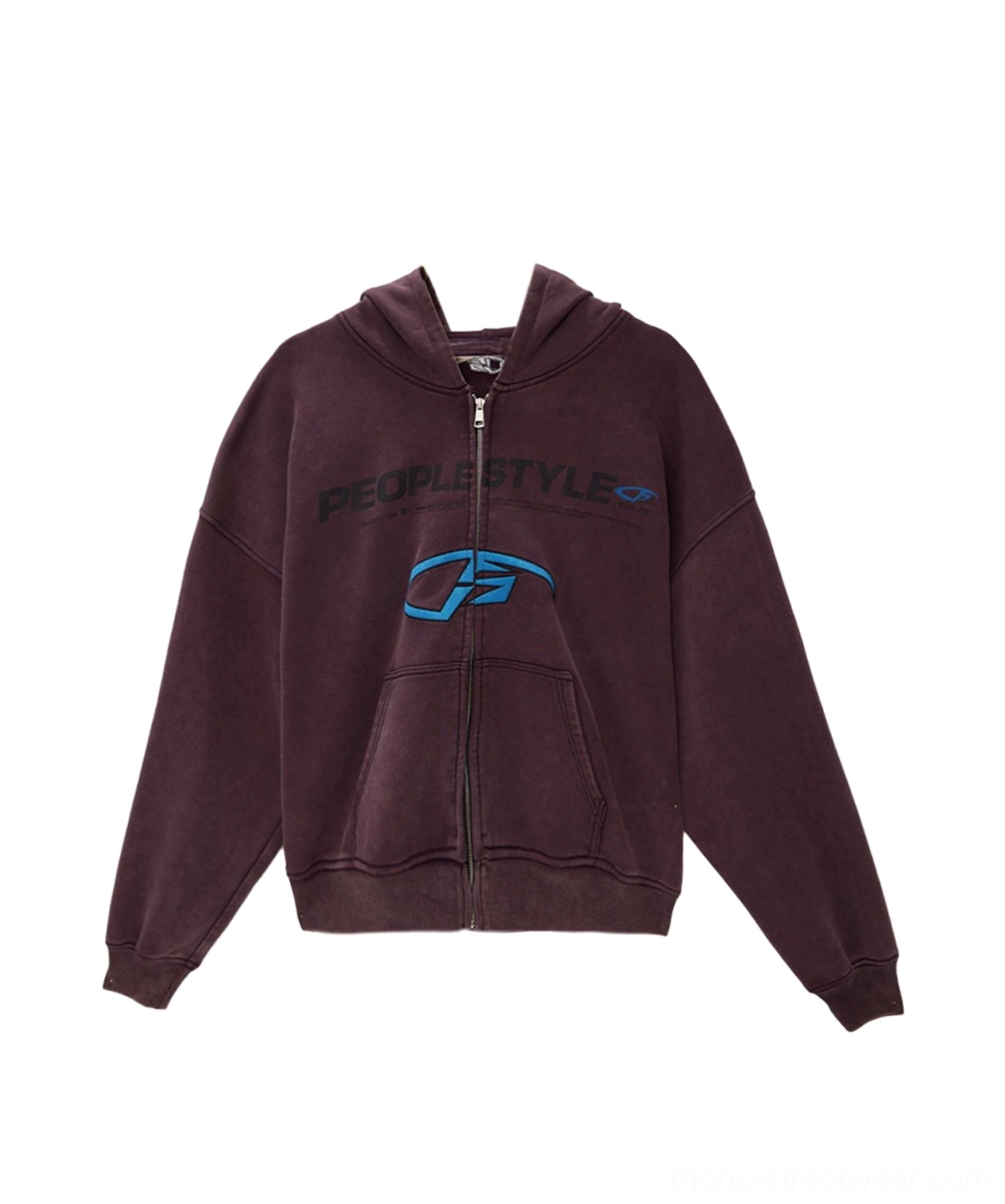 Flat lay of a dusty purple vintage distressed zip-up hooded jacket showing front graphic prints, kangaroo pocket, and full zipper