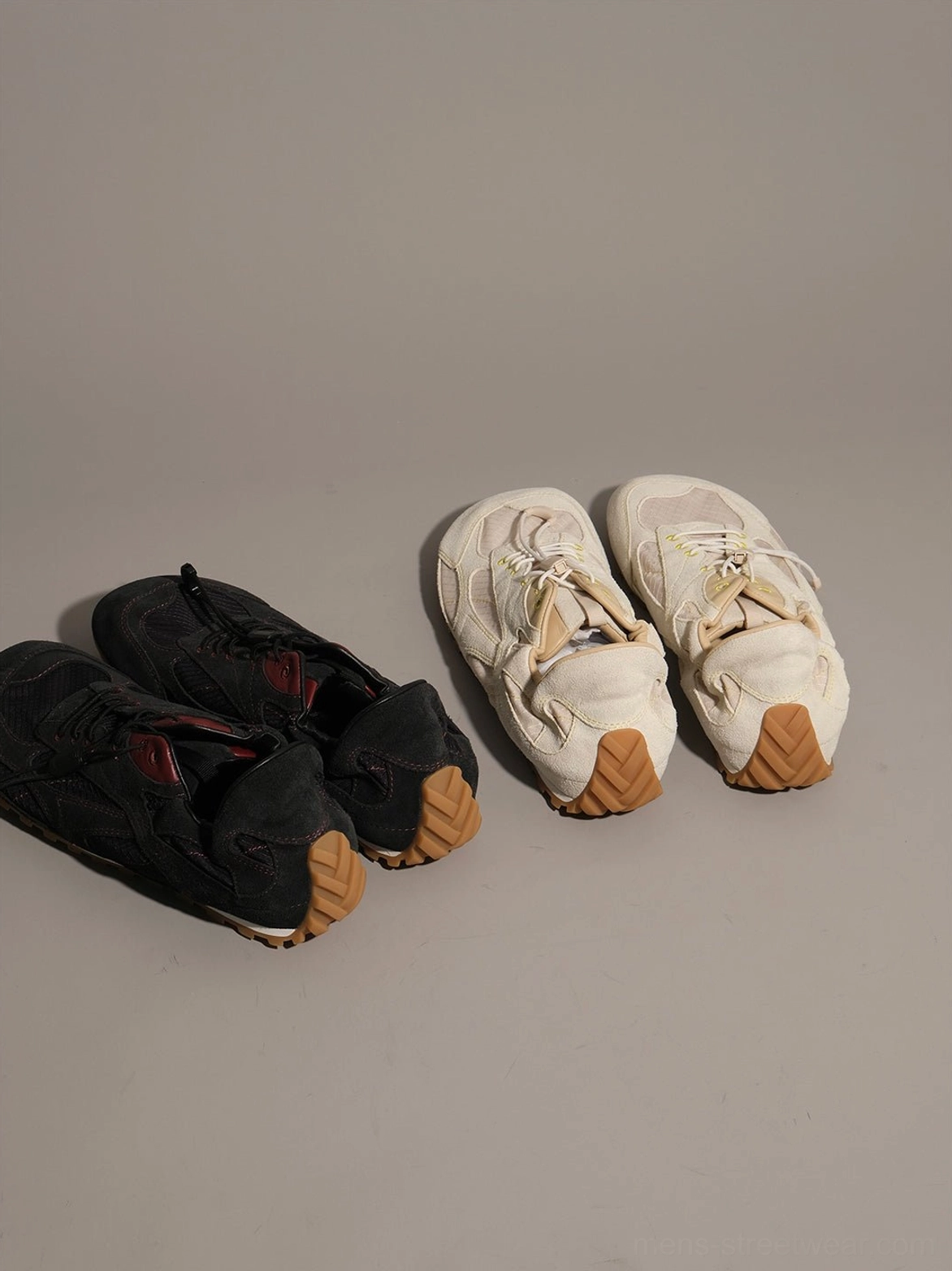 East Asian fashion inspired paneled nubuck trainers with streamlined silhouette and vintage gum rubber outsole