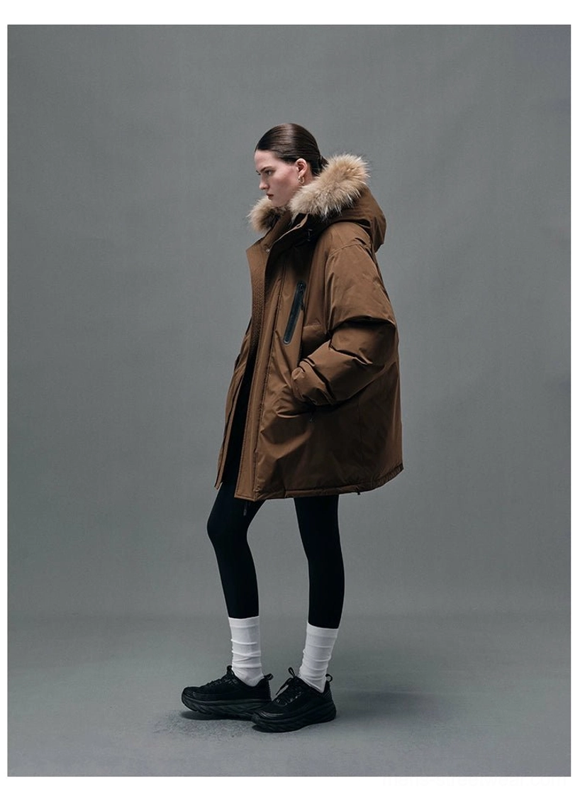 Black and brown winter hooded down coat design with detachable fur collar and contemporary East Asian streetwear influence