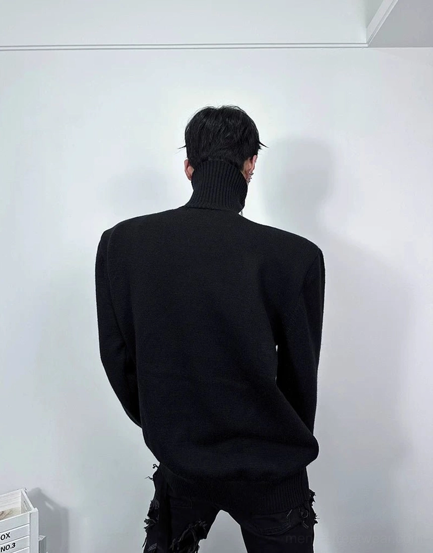 Modern East Asian streetwear sweater with textured cable knit, adjustable high collar, and elongated relaxed fit