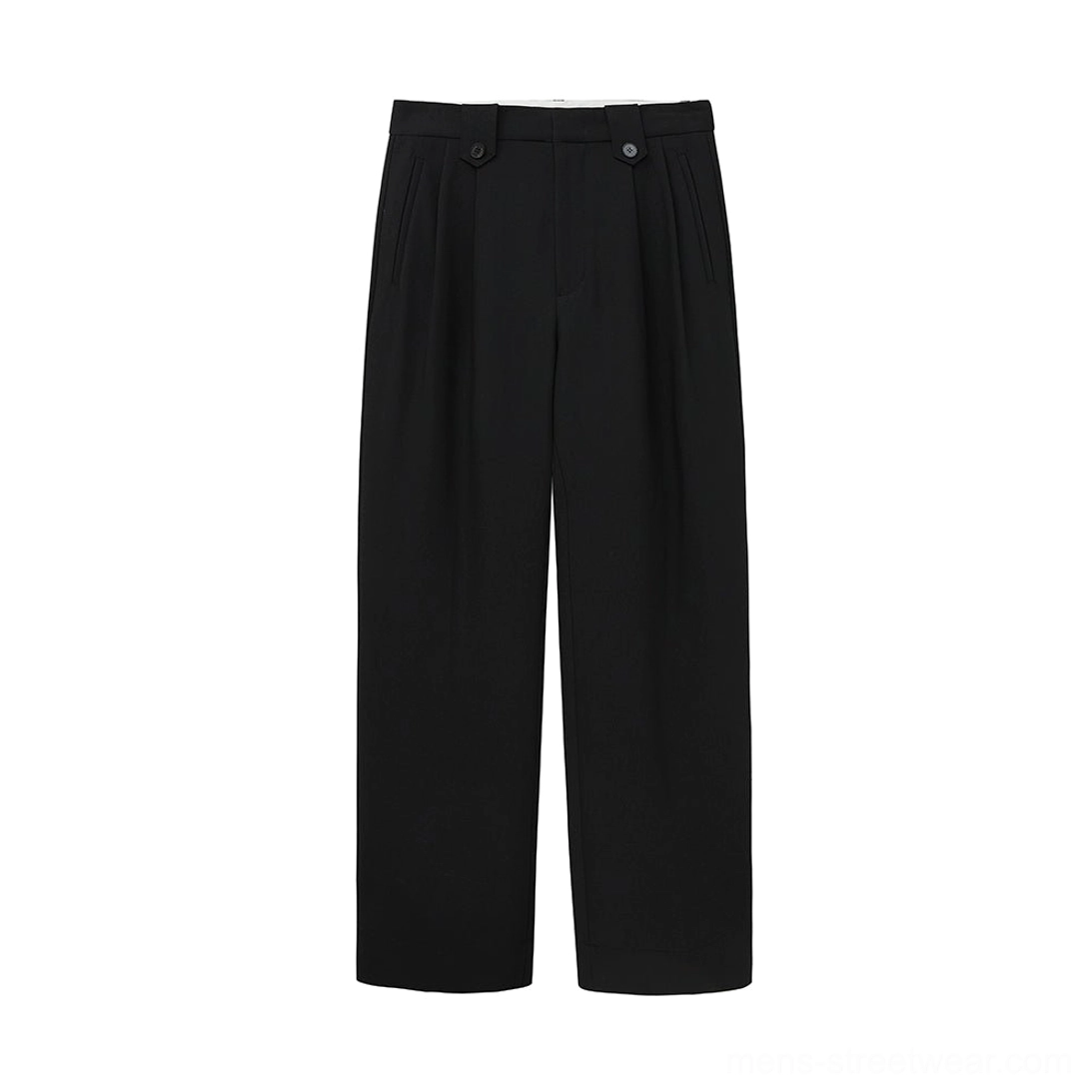 Black wide leg suit pants with pleated front adjustable waist and relaxed oversized tailoring