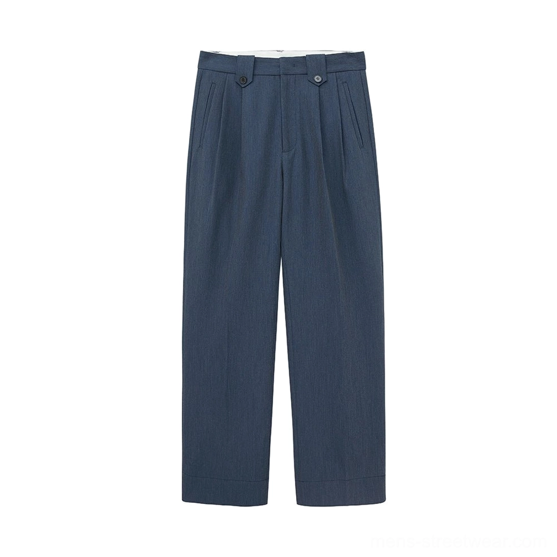 Blue wide leg suit pants with smooth tailored fabric and contemporary Korean streetwear proportions