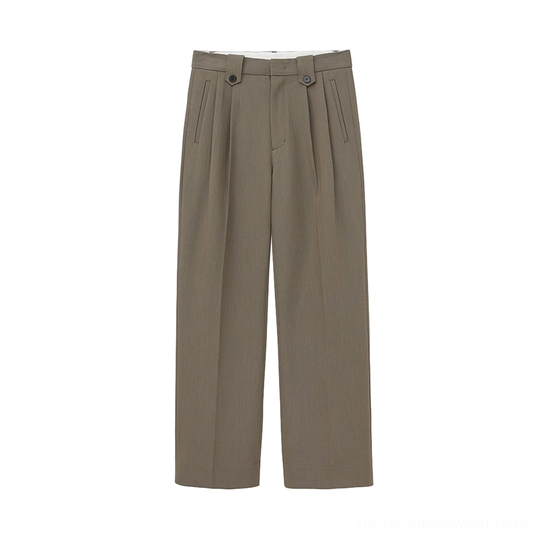 Coffee brown wide leg suit pants with front pleats and relaxed tailored silhouette