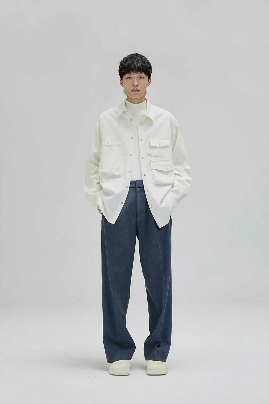 Seoul-inspired wide leg tailored trousers with relaxed proportions and polished minimalist finish