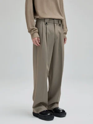 Taupe gray wide leg suit pants with front pleats adjustable waist buttons and relaxed Korean streetwear tailoring