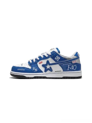 Electric blue and white retro racing sneaker shown in left side profile with star logo, F40 graphic, racing number 56, and black rubber outsole