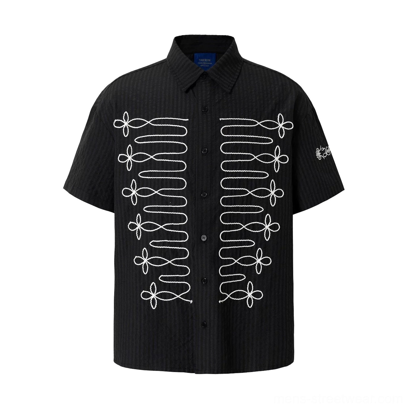 Embroidered loop detail short sleeve shirt in black and white Korean streetwear pinstripe style