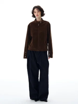 Espresso brown velvet faux suede moto jacket worn with dark wide leg jeans in a full body Seoul streetwear outfit