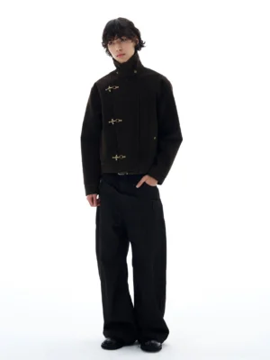 Dark espresso cropped faux suede toggle work jacket front view with structured high collar and metal closures