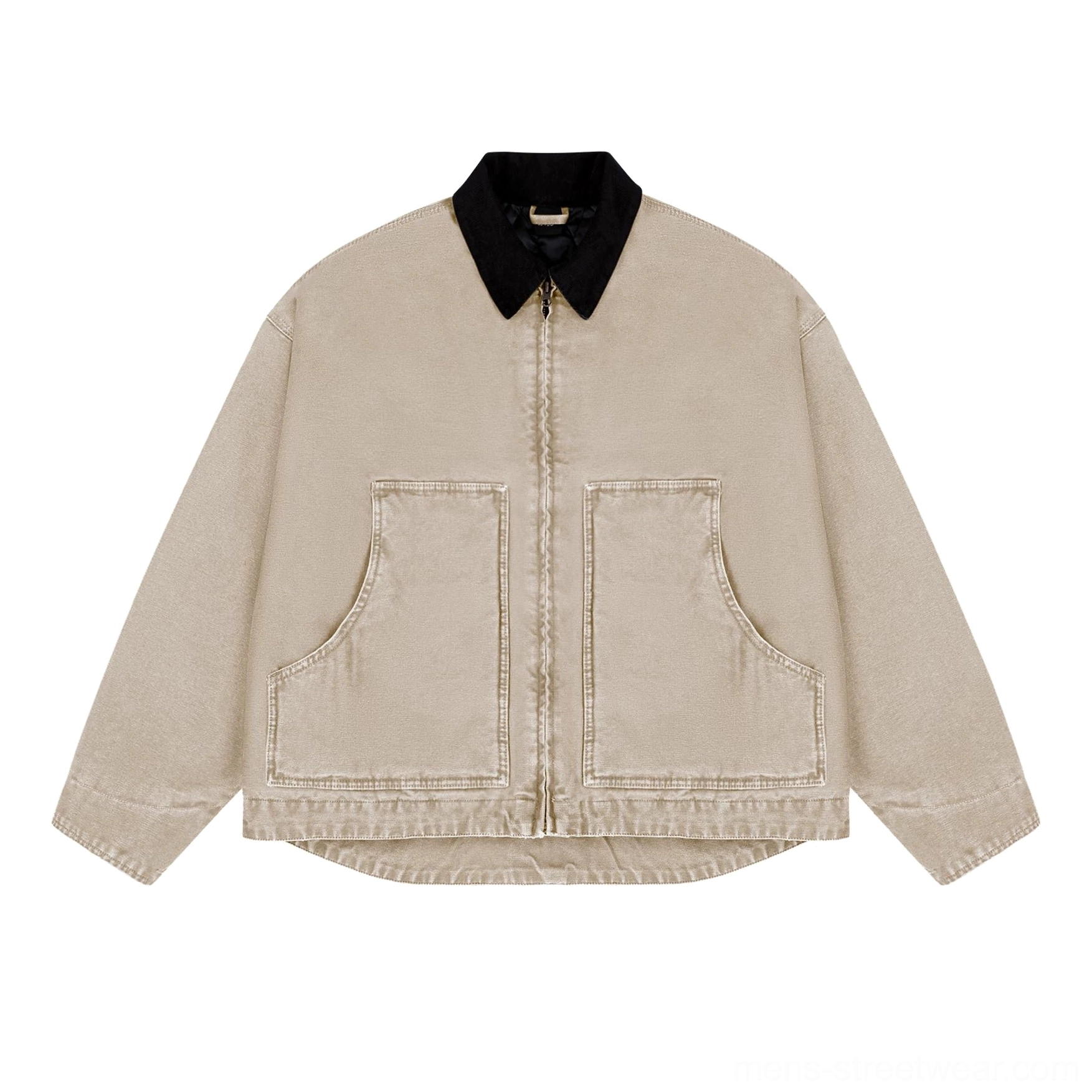Everyday cotton workwear jacket with a slightly cropped profile, oversized pockets, and contrasting textured collar