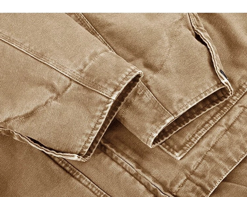 Everyday two-tone work jacket with textured corduroy collar, metal zipper, utility pockets, and comfortable quilted lining