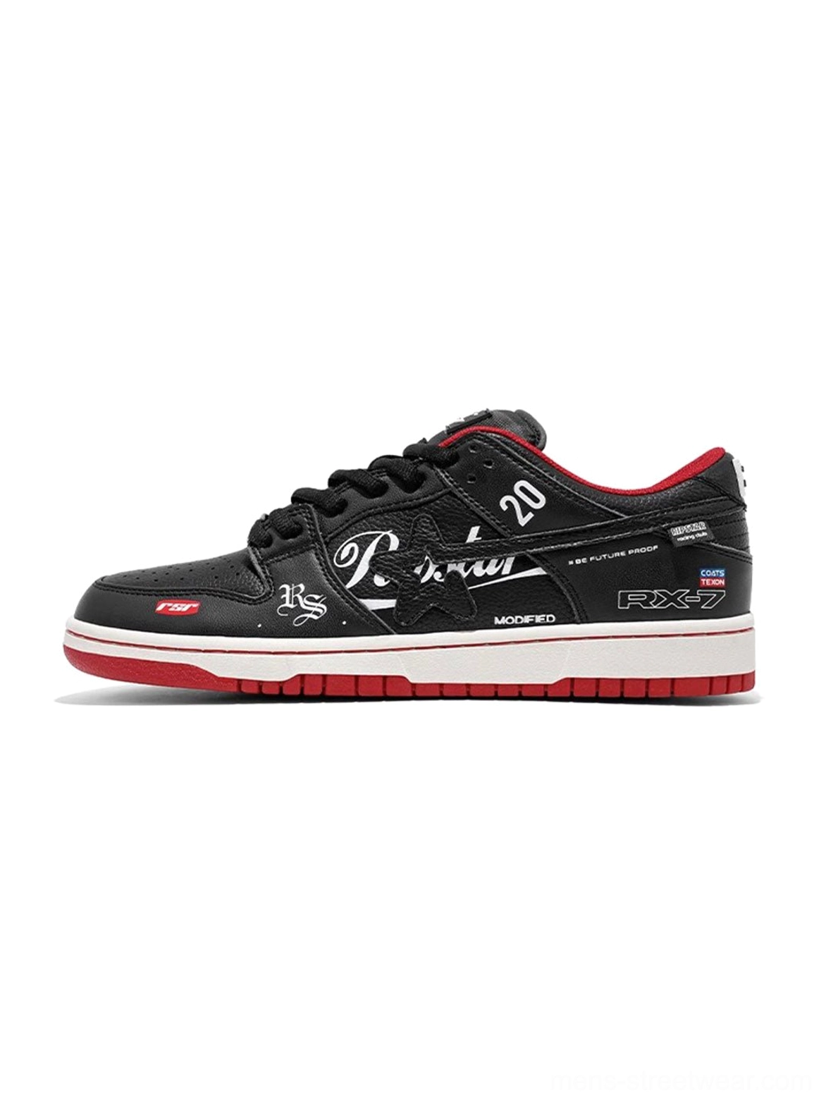 Black and red Explosion Star low-top skate sneaker with red trim, cursive script graphics, 20 and RX7 decals, and red rubber outsole