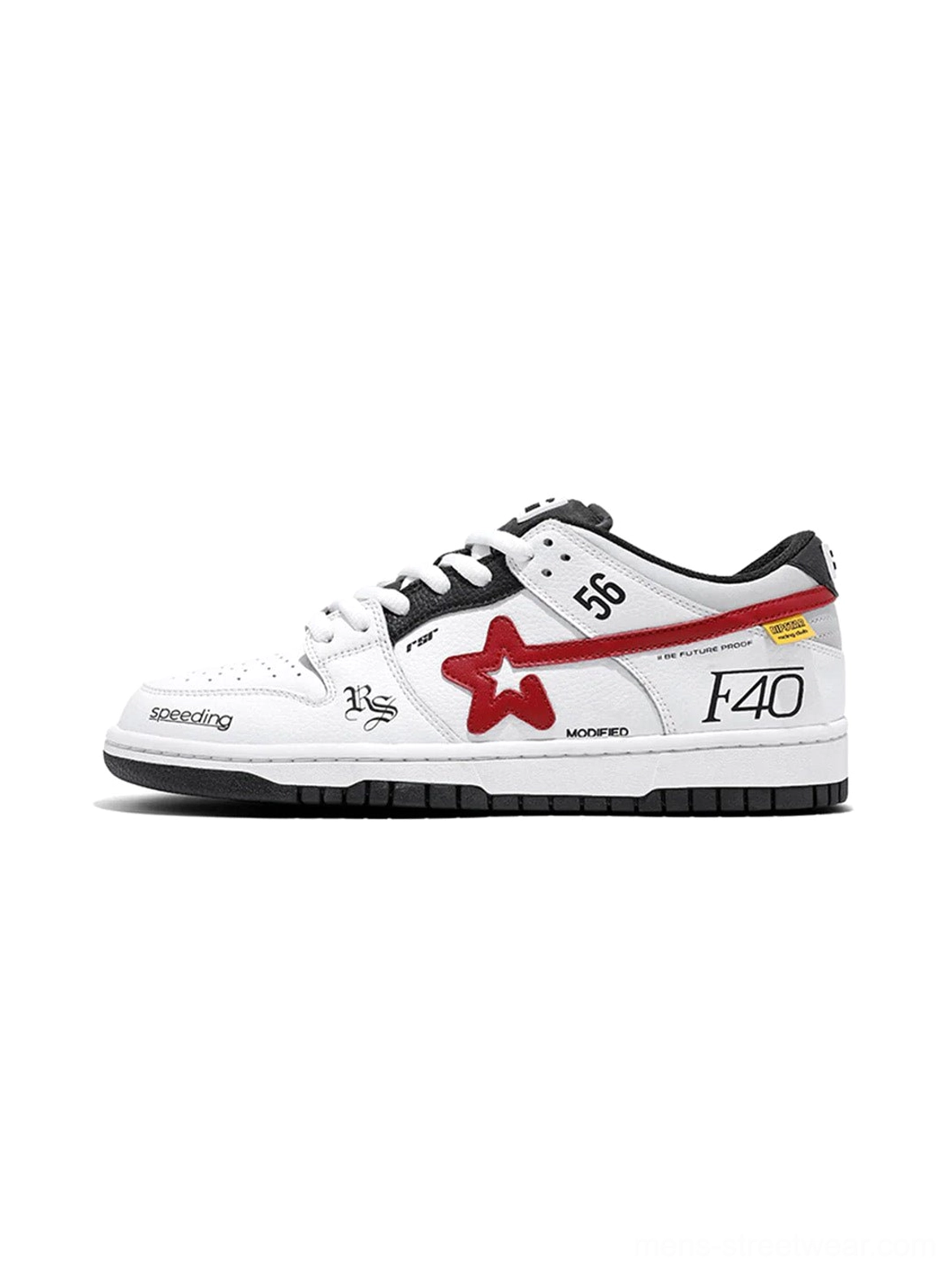 White Explosion Star low-top skate sneaker side profile with red star logo, F40 speed graphics, racing text decals, and black rubber outsole