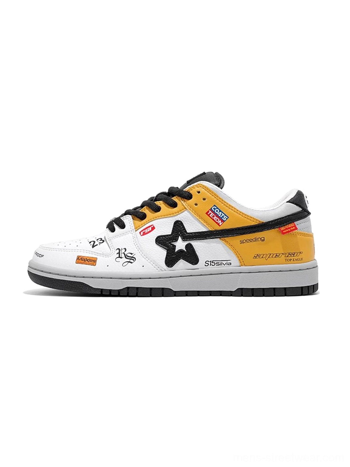 White and yellow Explosion Star low-top skate sneaker side profile with black star logo, graphic decals, and two-tone traction outsole