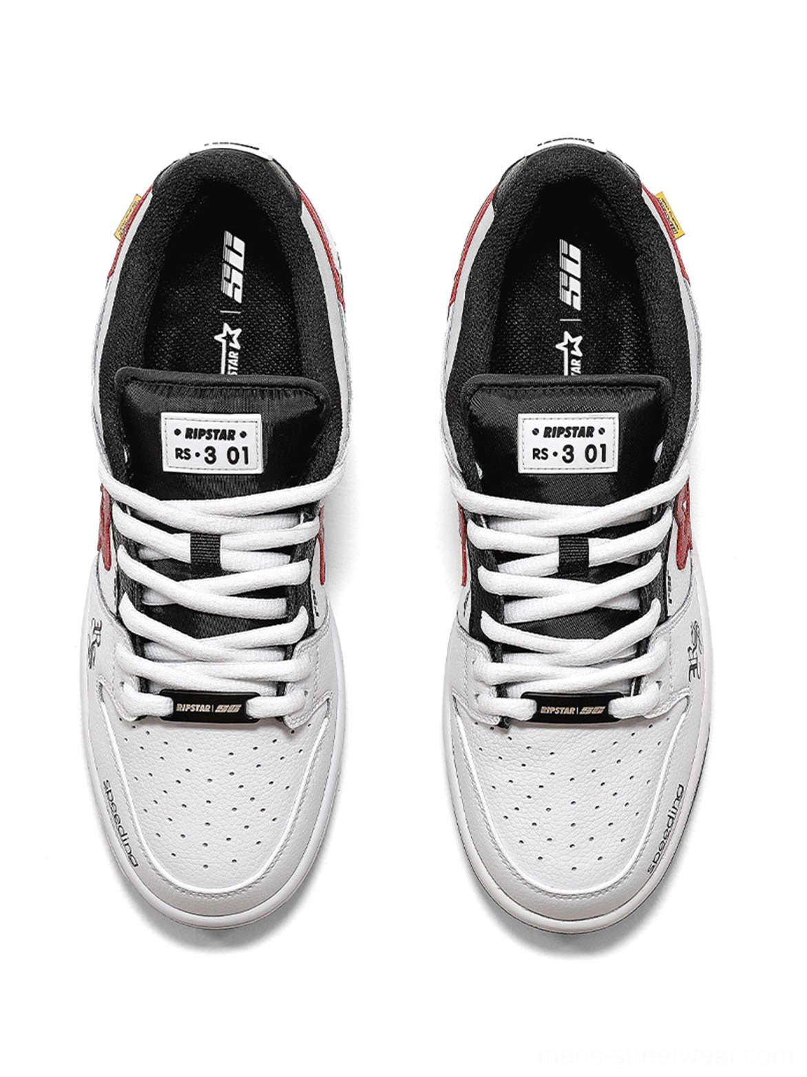Top view of white Explosion Star low-top skate sneakers with perforated toe caps, red star racing prints, RS-3 01 tongue tags, and black lining