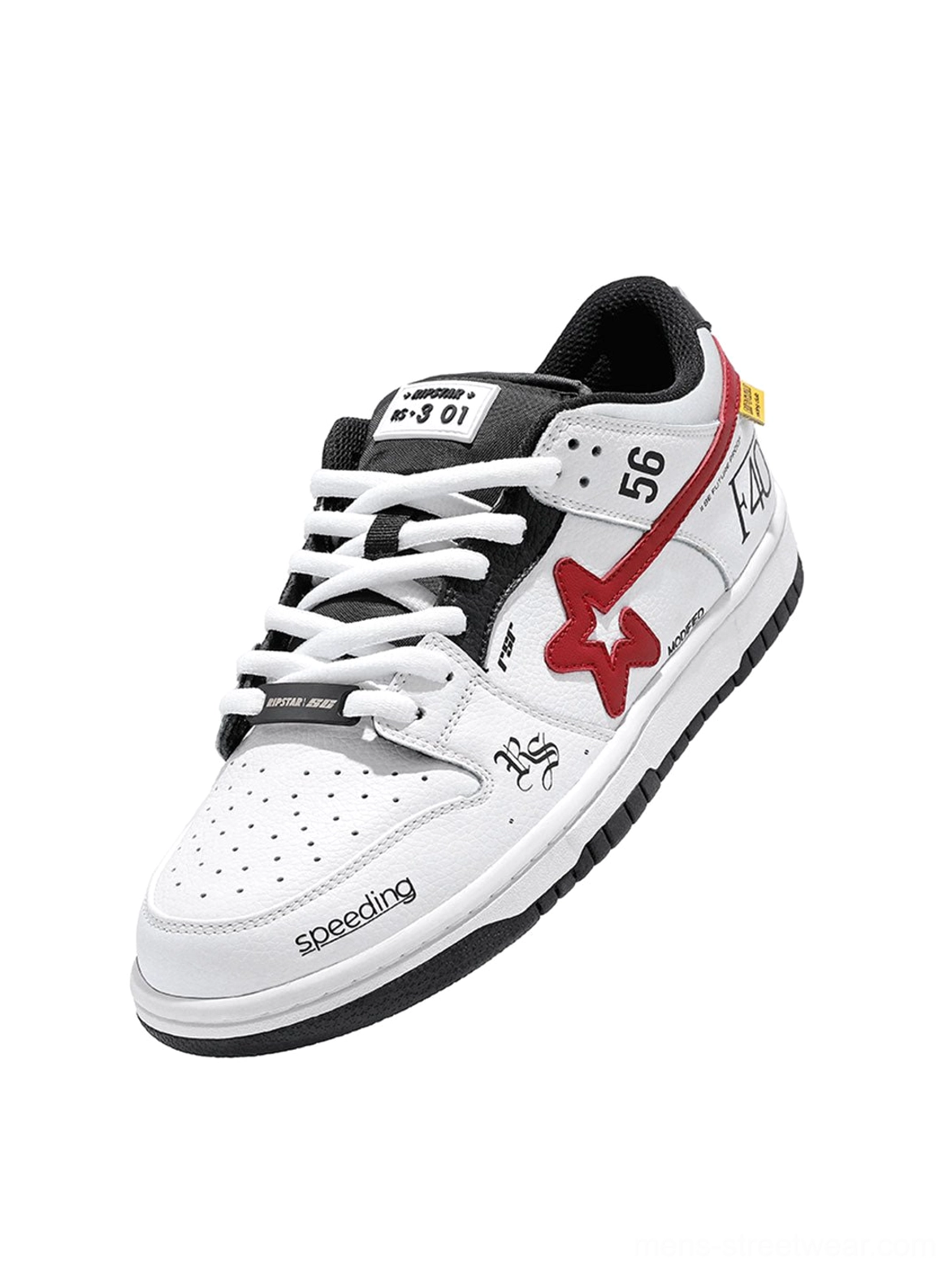Single white leather Explosion Star low-top sneaker in angled three-quarter view with red star logo, speeding toe graphic, and black red heel accents