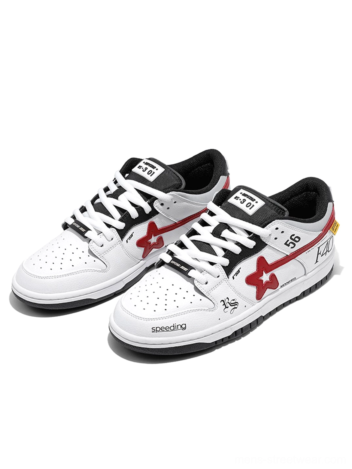 Pair of Explosion Star low-top skate sneakers with white uppers, red star motifs, racing graphics, and black white red skate outsoles